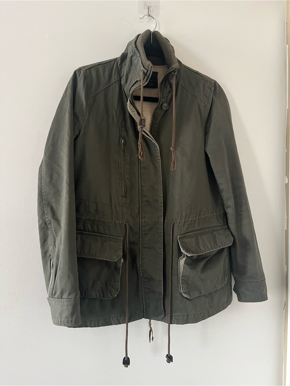 Zara Olive Green Utility Field Jacket Medium Sherpa Lined Military Hiking
